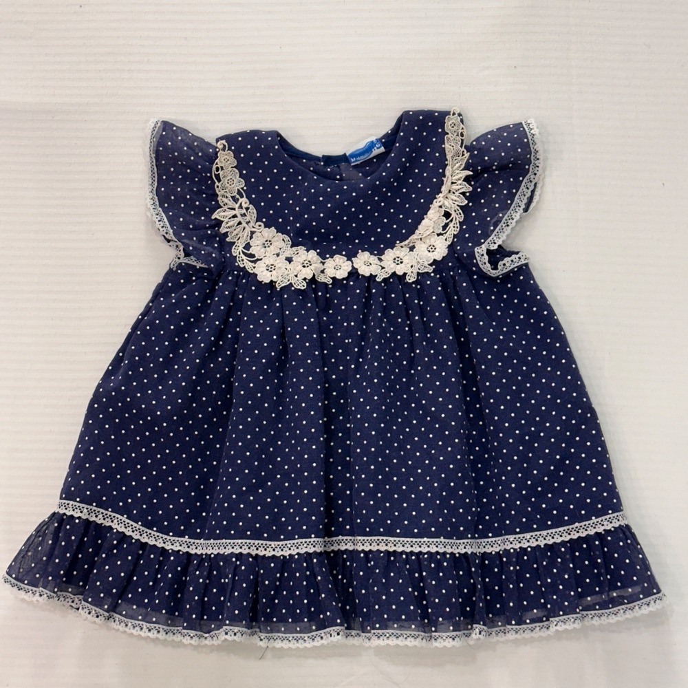 Vintage Nannette NavyPolka‎ Dot Baby Girl 2T Dress Lace Cottagecore Eastr